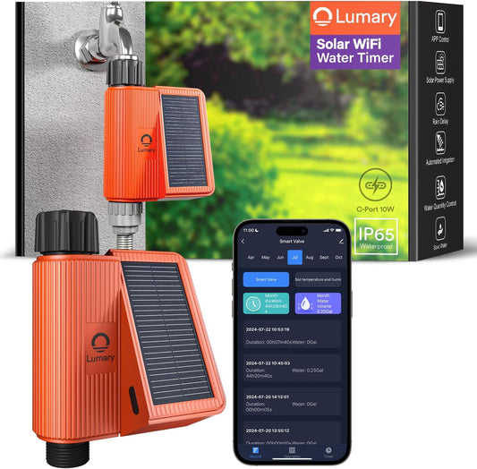 Lumary Solar WiFi Sprinkler Timer with Flow Monitor, Smart Water Timer for Garden Hose, Remote Control with App/Alexa via 2.4Ghz, Auto Irrigation Controller for Lawns Yard, Support C-Port Charging 10W