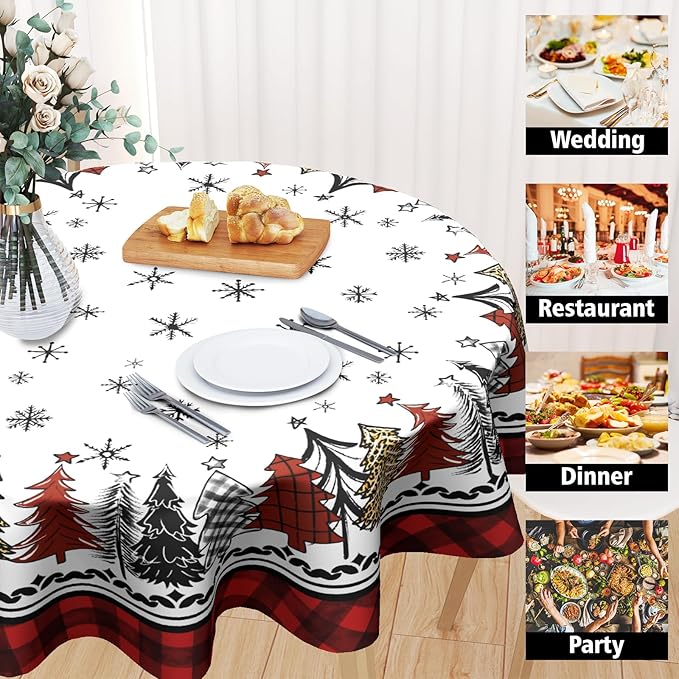 Christmas Round Tablecloth 60 Inch,Rustic Snow Xmas Pine Trees Buffalo Plaid Farmhouse Reusable Wipable Table Cover for Kitchen Party Picnic Dinner Winter Holiday Table Decor