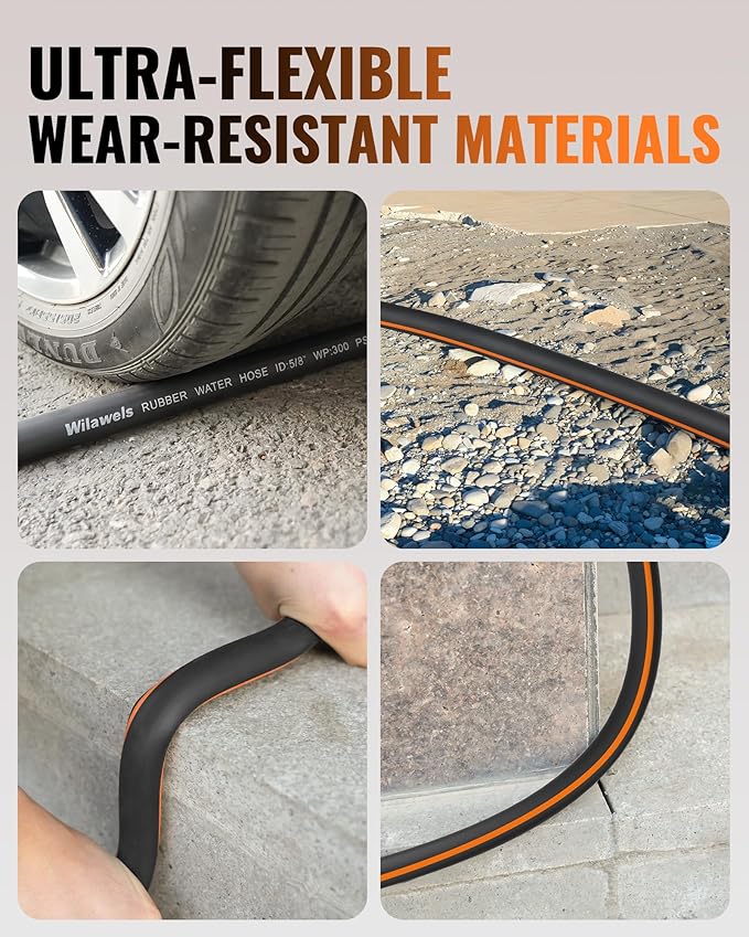50FT x 5/8" Rubber Garden Hose, Heavy Duty Rubber Garden Water Hose, 300 PSI Working, 1000 PSI Burst, Swivel Handle with Stainless Steel Ring, 5-Layer Braided, All-Weather Outdoor Use