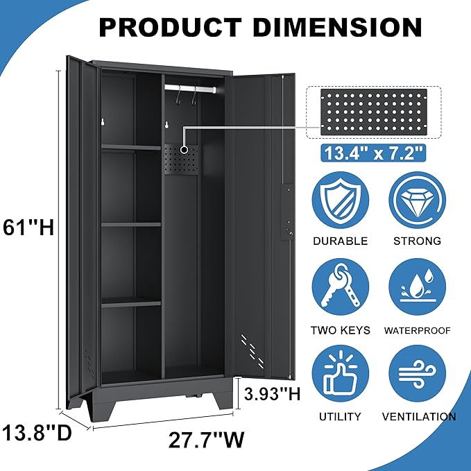 61" Outdoor Storage Cabinet, Heavy-Duty Metal Lockable Storage Cabinets with Ventilated Doors & Pegboard Hooks, Linen Storage Cabinet for Garage, Bathroom & Kitchen, Easy Assembly