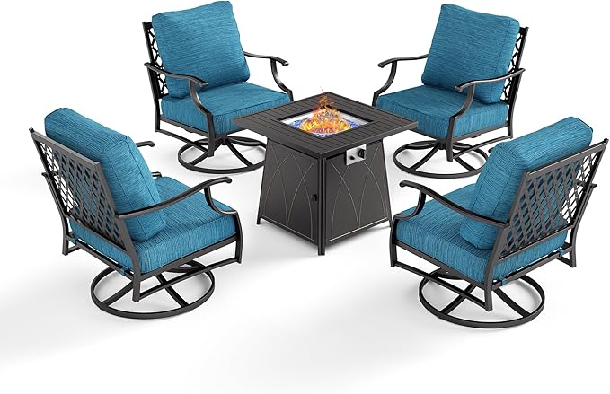 5 Piece Metal Outdoor Patio Furniture Set with Fire Pit Table, Patio Conversation Sets 4 Swivel Chairs with 5.75" Thick Cushion and 5000 BTU Fire Pit Table, Backyard Furniture, Blue-2
