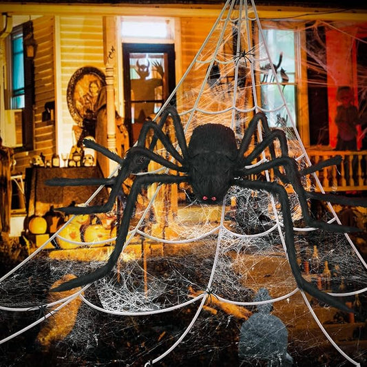Spider Webs Halloween Decorations Outdoor, 16.4 x 15.7 ft Triangular Spider Web + 50‘’ Scary Giant Spider, 20 g Stretch Cobwebs Outdoor Halloween Decorations for Outside Yard Garden Lawn Party