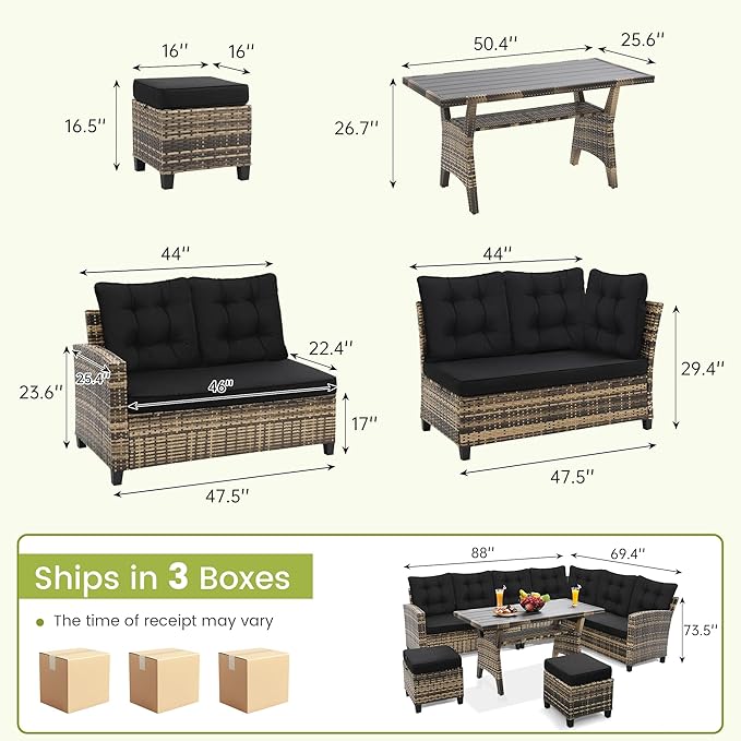 6-Piece Outdoor Patio Furniture Set - Sectional Sofa, Dining Table & Chairs Included, All-Weather Dining Set with Ottoman, Natural Wicker and Black Cushions