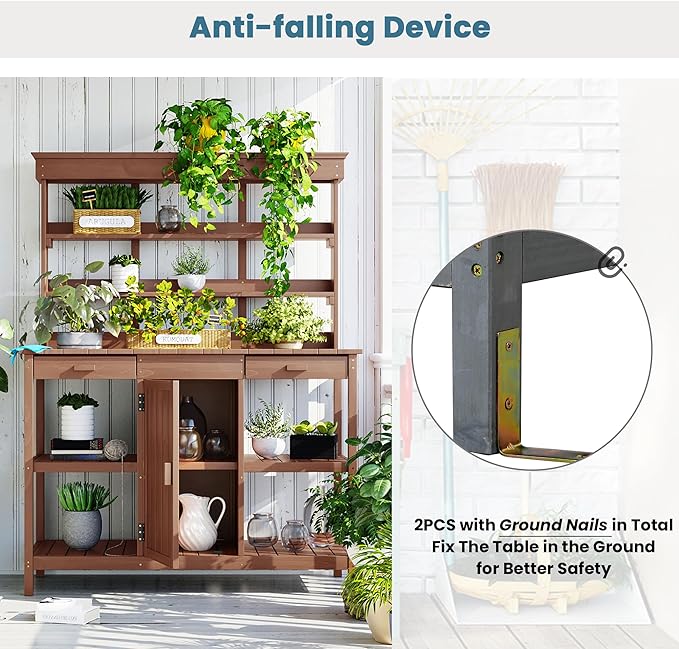 Outdoor Wooden Potting Bench Table – Farmhouse Garden Workstation with Drawers, Cabinet & Storage Shelves, Large Fir Wood Work Table for Patio, Backyard, Mudroom, Greenhouse (Dark Brown, 66'' H)