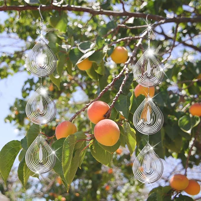 Droplet Bird Scare Discs Set, Metal Bird Reflectors Shiny Wind Spinners for Outdoor Garden Decor, Reflective Bird Devices Deterrents to Keep Scare Birds Away from Outside Patio Porch Yard Fruit Trees