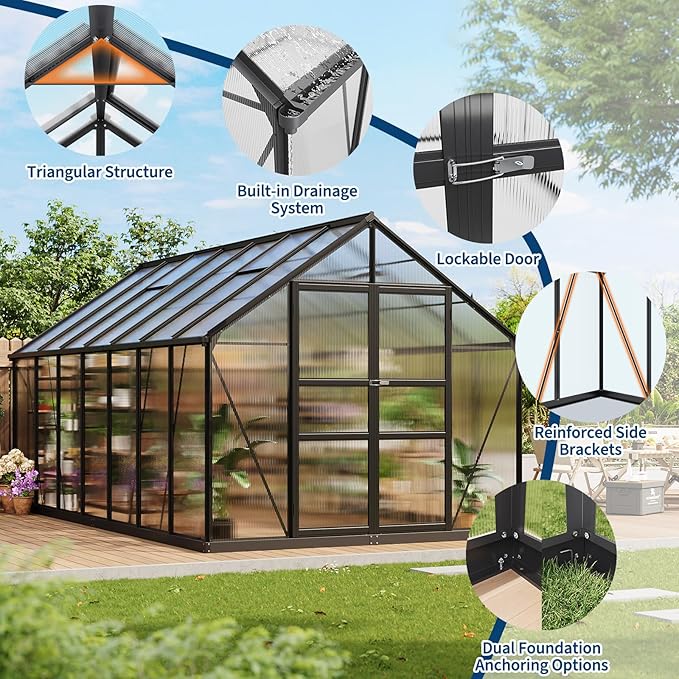 8x14 FT Polycarbonate Greenhouse,Large Walk-in SturdyOutdoor Aluminum Frame Greenhouse with Roof Vent, Lockable Push Door,for Garden, Backyard, Patio & Lawn(Black)