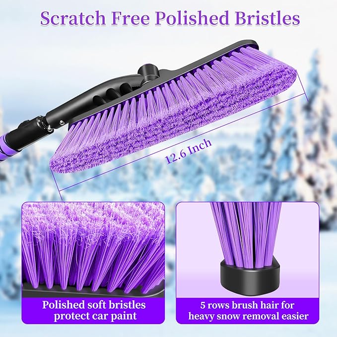 HEEYA 51 Inch Snow Brush for Trucks, Extendable Long Handle Ice Scraper with Brush with Foam Grip, SUV Heavy Duty Snow Brush with Ice Scraper for Car Auto Jeep RV Vehicle Windshield Window - Purple