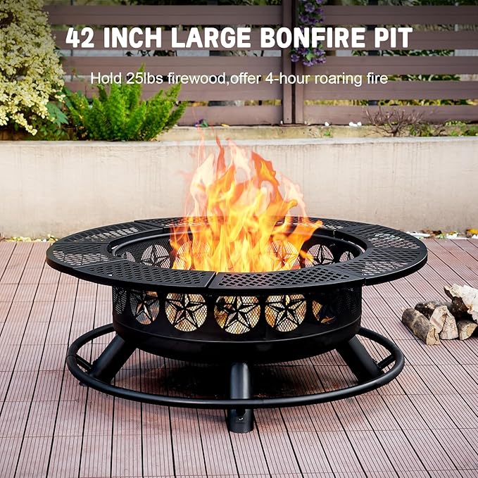 42 Inch BBQ Fire Pit with 2 Grills,3-in-1 Outdoor Round Metal Fire Pit Table with Lid,Fire Poker,Large Outdoor Wood Burning Firepits for Outside,Picnic,Bonfire Backyard Patio(Black)