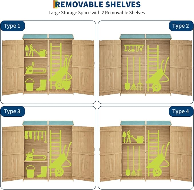 Wooden Storage Cabinet, Outdoor Tools Shed with Waterproof Roof, Double Lockable Doors and 2 Adjustable Shelves, Lockable Garden Shed for Patio, Garden, Backyard, Lawn