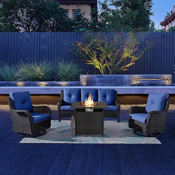 4PCS Modern Blue Patio Set with Swivel Rocking Chairs, Fire Pit Table & Thick Cushions