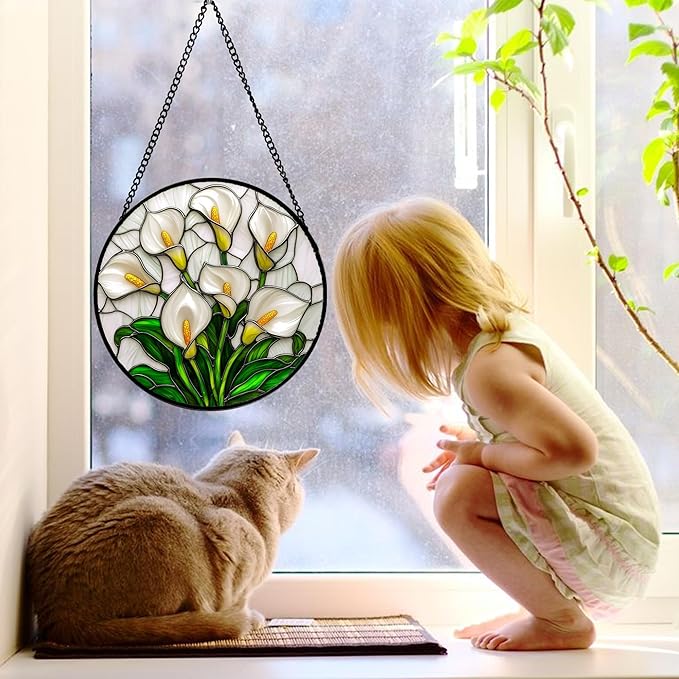 Stained Glass Window Hanging, White Calla Lily Suncatcher Diamond Glass Panel Hangings Flowers Sun Catchers Decor for Birthday for Women, Men, Wife, Aunt, and Mom 6.3 in