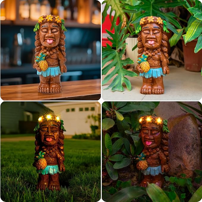 Solar Tiki Girl Garden Statue Tiki Lady Holding Pineapple Figurine with Flower LED Lights Bar Patio Porch Yard Art Outdoor Fall Decoration Halloween Birthday Christmas Gardening Gift for Mom Women