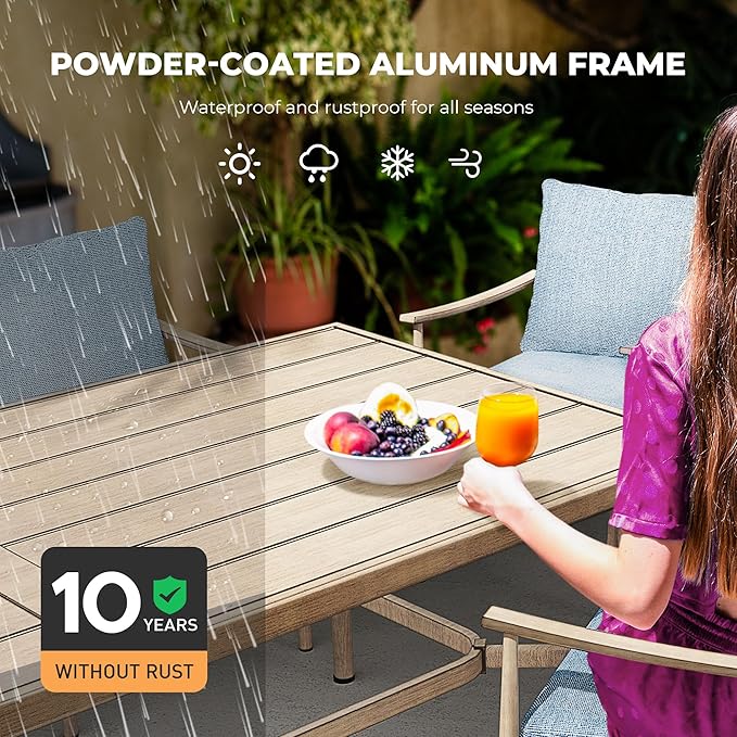 HAPPATIO 9-Piece Patio Table and Chairs Set for 8, Aluminum Outdoor Dining Set with Cushions, 8 Dining Chairs, 1 Large Rectangular Table with Umbrella Hole for Lawn, Porch, Backyard, Brown