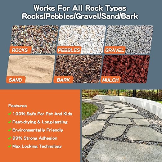Rock Glue, Mulch Glue 2Gallon Long-Lasting Dries-Clear Strong Pea Gravel Binder for Pebble Fast-Drying Pebble Glue&Gravel Hold Mulch for Landscaping, Pine Straw, Outdoor Strong Stone Hold