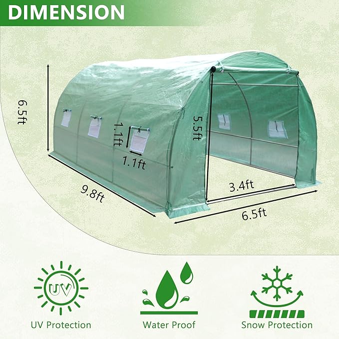 9.8x6.5x6.5 Ft Walk in Greenhouse, Portable Greenhouse, Greenhouse Tunnel, Heavy-Duty Outdoor Greenhouse with Watering System, Roll-up Zipper Door and Window for Outdoor, PE Cover, Green
