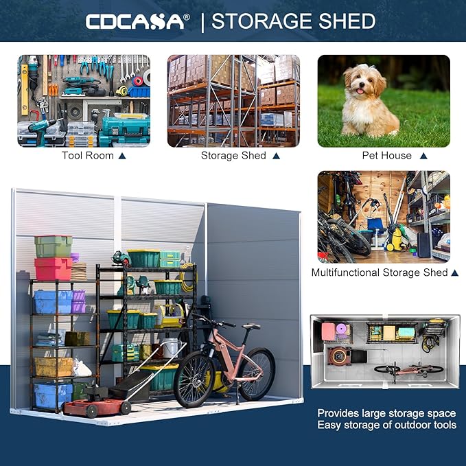 CDCASA 4x8 FT Resin Lean to Shed, Waterproof Outdoor Storage Shed with Floor & Lockable Door & Window, Plastic Tool Shed for Outside, Backyard, Patio, Poolside, Bike, Grey