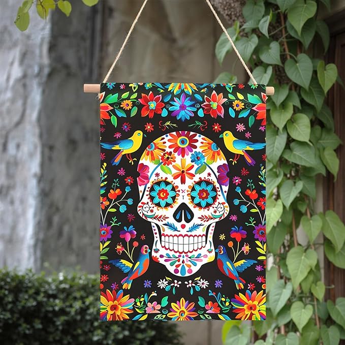 Day of the Dead Garden Flag Skull Welcome Floral House Banner Mexican Gothic Skeleton Flowers Birds Double-Sided Garden Flags Fiesta Dia DE Los Muertos Burlap Yard Flag 28x40 Inch