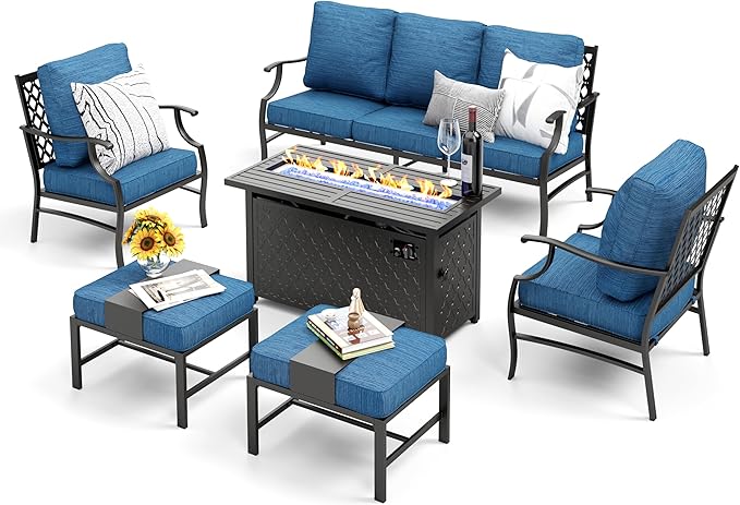 Patio Furniture Set, 6 Pcs Metal Outdoor Conversation Set, 2 Single Chairs, 2 Ottomans and 3 Seater Sofa with 5.75" Extra Thick Cushion and Gas Fire Pit Table, Gemstone Blue