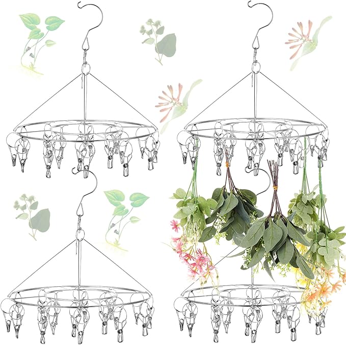 Bokon 4 Pcs Hanging Drying Rack for Herb Macrame Flower with Stainless Clip Dryer Hook for Drying Herb Air Plants Spices Flower Hydroponic Plant Ready to Use with Ceiling Hook(Round)