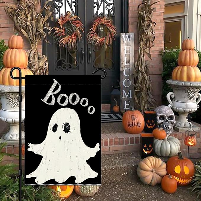 Halloween Ghost Garden Flag 12x18 Inch Double Sided Outside Boo Black Holiday Yard Outdoor Decoration
