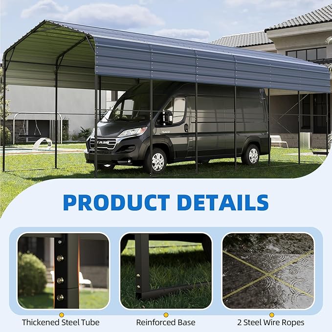 YOLENY 14x30 FT RV Carport, Heavy Duty Metal Carport with Reinforced Metal Frame & Galvanized Roof, Weather-Resistant Car Shelter for RV, Cars, Trucks, Boats, SUVs, and Tractors, Gray