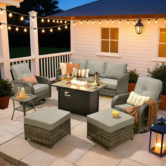 HOOOWOOO Outdoor Patio Furniture Set,7 Pieces Wicker Conversation Set,All Weather Couch Set with Fire Pit Table Swivel Chairs Ottoman 7 Seaters for Out Door Yard(Charcoal Gray)
