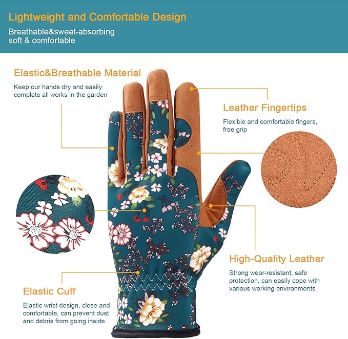 Bamllum Leather Gardening Gloves for Women - Working Gloves for Weeding, Digging, Planting, Raking and Pruning
