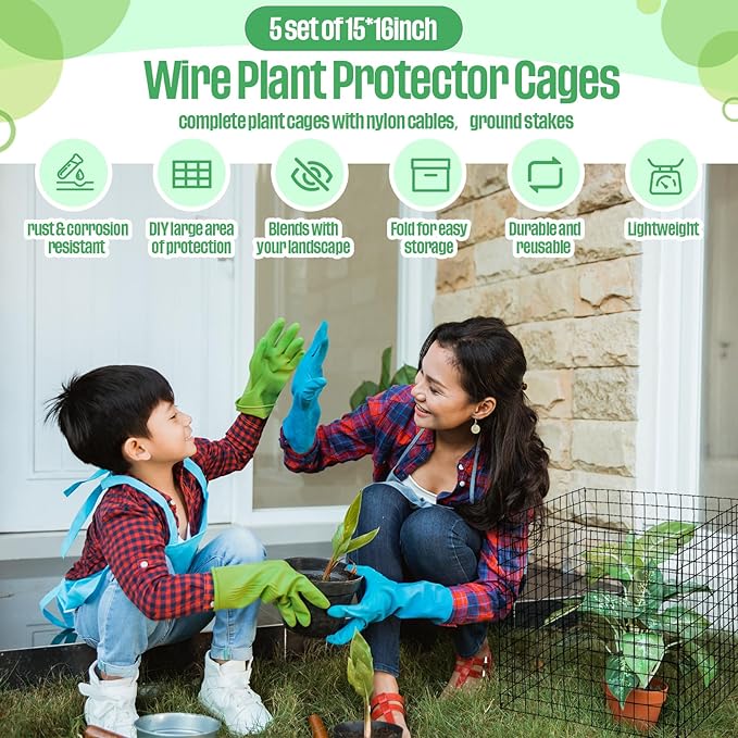 Zubebe 5 Pack Small Wire Plant Protectors Square Plant Protectors from Animals Mesh Cage Chicken Wire Cloche for Shrubs and Vegetables with Ground Stakes and Nylon Ties (15 x 16 Inch)