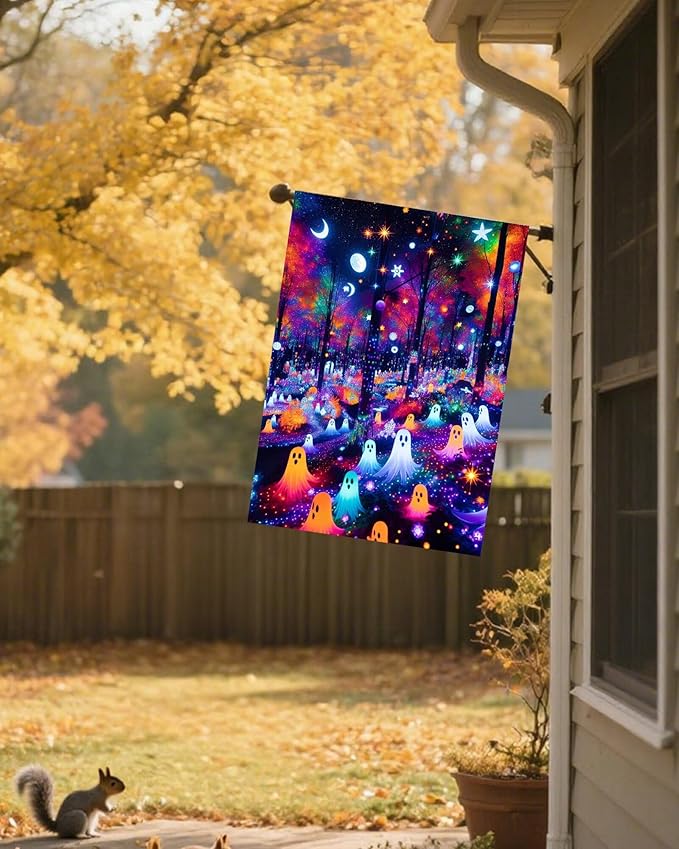 Fantasy Forest Colorful Ghosts Halloween Moon and Stars House Flag 28" x 40" Double Sided Polyester Welcome Large Yard Garden Flag Banners for Patio Lawn Home Outdoor Decor