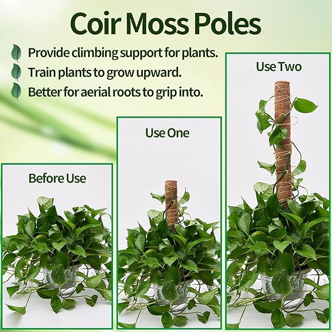 8 Pcs Moss Pole for Plants Monstera, Plant Support Stakes for Indoor Climbing Plants Grow Upwards, with 65ft Twist Ties, 13ft Jute Rope, 6.5ft Hook-and-Loop Strip