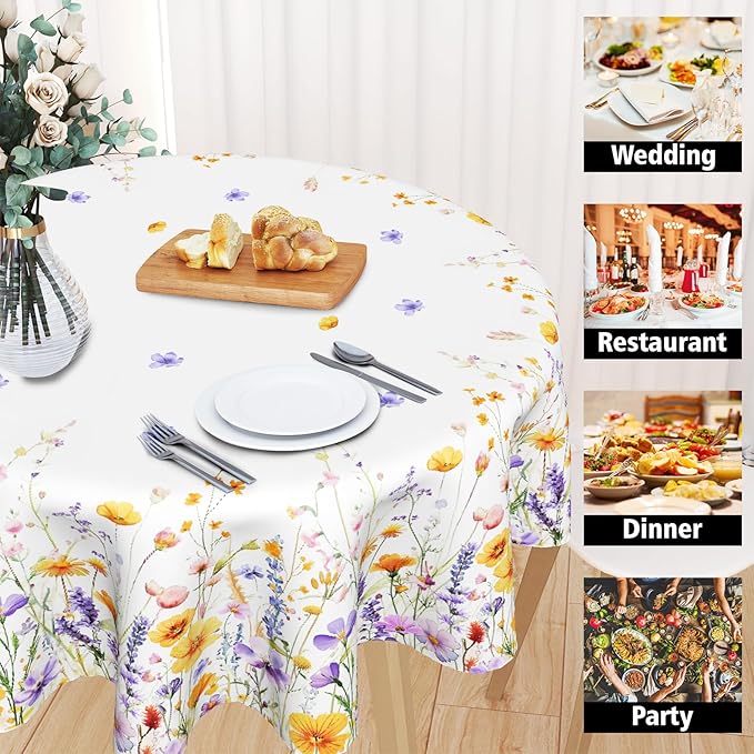 Giwawa Watercolor Wildflowers Round Tablecloth 60 Inch,Purple Lavender Orange Poppy Floral Reusable Washable Polyester Table Cover for Seasonal Indoor Outdoor Dining Party Picnic Decor