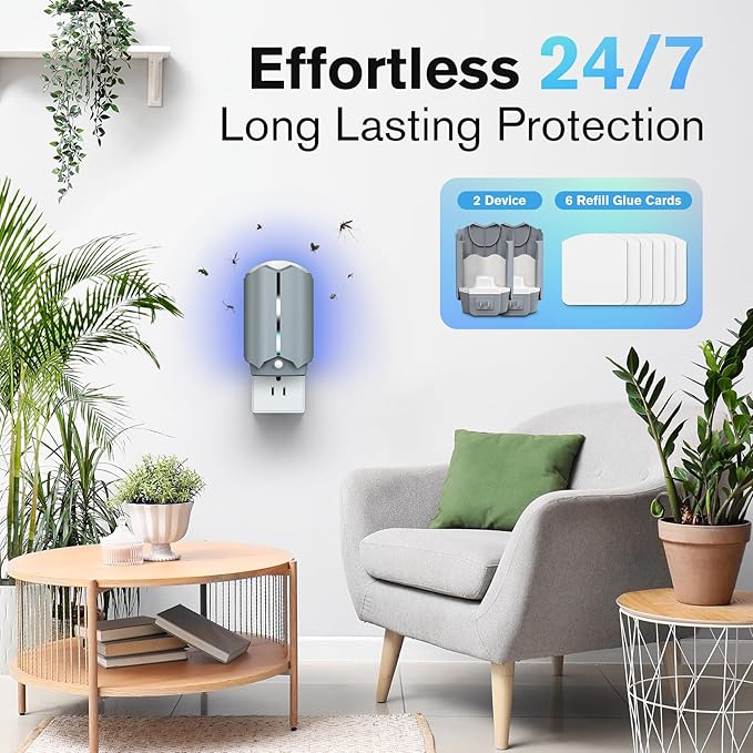 2 Flying Insect Traps & 2 Refill Glue, Fly Trap Indoor, Gnat and Fruit Fly Catcher for House, Mosquitoes, Moths & More, UV Blue Light, Safe & Mess-Free