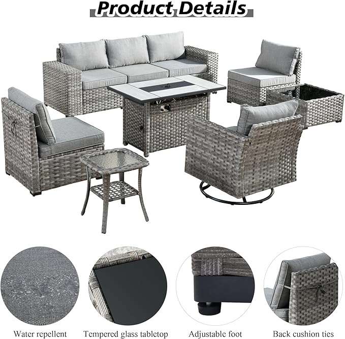HOOOWOOO 9 Piece Modular Patio Outdoor Sectional Furniture Set with Large Propane Fire Pit Table,Wicker Conversation Sofa Set with Swivel Chairs,Outside Couch Set(Dark Grey)