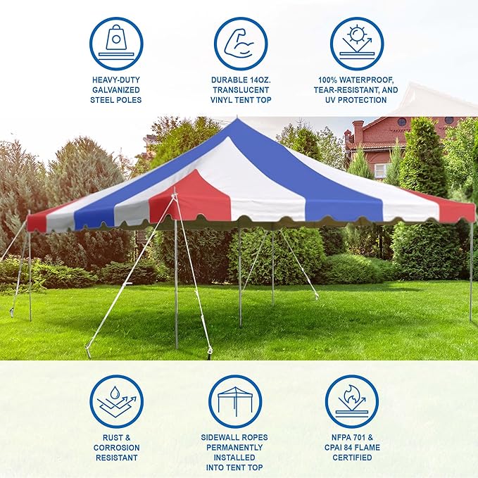 Party Tents Direct 20'x20' Weekender Canopy Pole Tent - Easy Up Canopy Tent with 80 Person Capacity - Outdoor Canopies for Parties, Weddings, & Events (Red, White and Blue)
