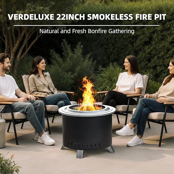 Smokeless Fire Pit,22 Inch Stainless Steel Firepit, Outdoor Wood Burning Fire Pit with Cover,Smokeless Firepits for Outside Backyard Patio Garden Camping Bonfire(Black)