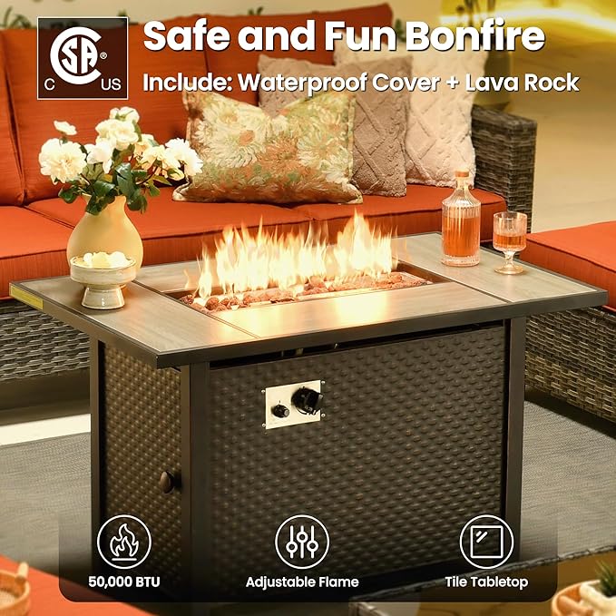 ovios 7 Pieces Patio Furniture Set, Outdoor Wicker Sofa Couch with Rocking Swivel Chairs Fire Pit Table, Modern Deep Seat Rattan Conversation Sets for Porch Deck, Grey