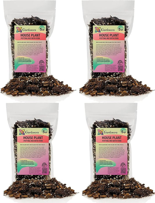 Premium Gardenera House Plant Potting Mix - 20 Quart - Fern + New Zealand Bark + Perlite | Great for Pothos, Spider Plants, Montsera, Philodendron, English Ivy (4 Bags of 5 Quart)