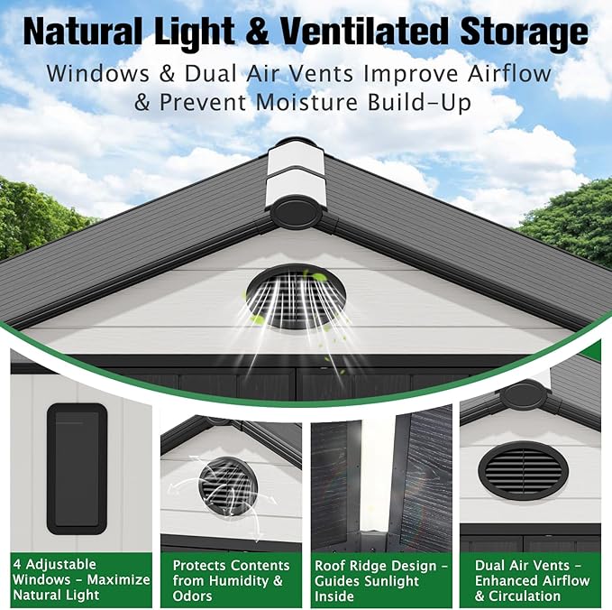 EAGLE PEAK 8x6 Resin Outdoor Storage Shed, Weatherproof Garden Shed with Floor & Lockable Doors, Tool & Equipment Storage for Backyard or Patio, White/Gray