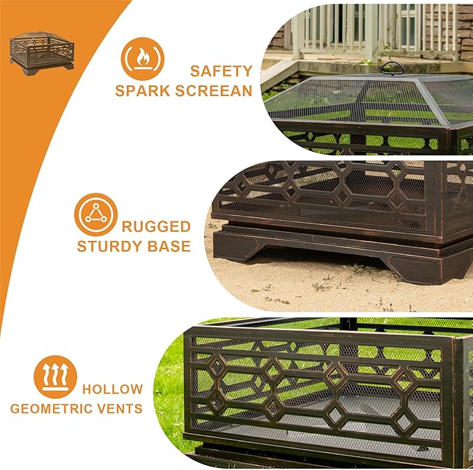 Outdoor Fire Pit, 32 Inch Wood Burning Firepit for Outside with Mesh Cover & Fire Poker, Large Square Metal Fireplace for Patio, Backyard, Garden, Bonfire Party