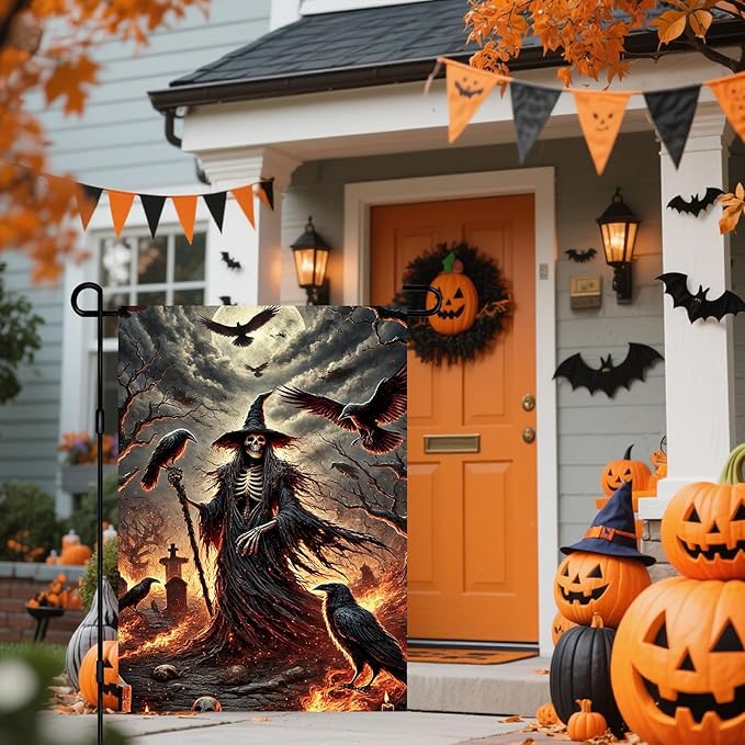 IVN Halloween Garden flag witch crows raven dark scene design outdoor yard patio spooky holiday decor backdrop seasonal festive display 12x18 inch polyester For Girls or boys gifts Gardens Flags