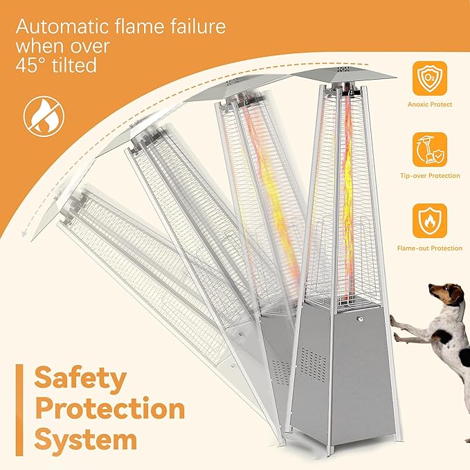 FOOWIN Propane Patio Heater, 48,000 BTU Outdoor Patio Heater with Wheels/Waterproof Cover & Gloves,Silver Grey