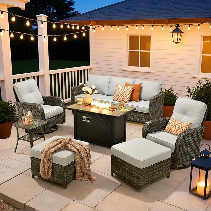 HOOOWOOO Outdoor Patio Furniture Set,7 Pieces Wicker Conversation Set,All Weather Couch Set with Fire Pit Table Swivel Chairs Ottoman 7 Seaters for Out Door Yard(Light Gray)