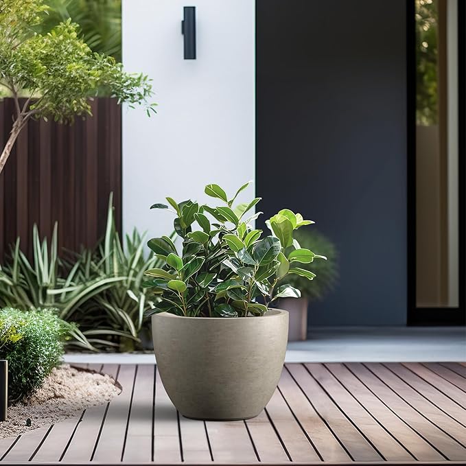 Kante 14.2 Inch Round Concrete Planter - Classic Large Indoor/Outdoor Plant Pot with Drainage Hole and Rubber Plug, Suitable for Gardens and Patios, Weathered Concrete