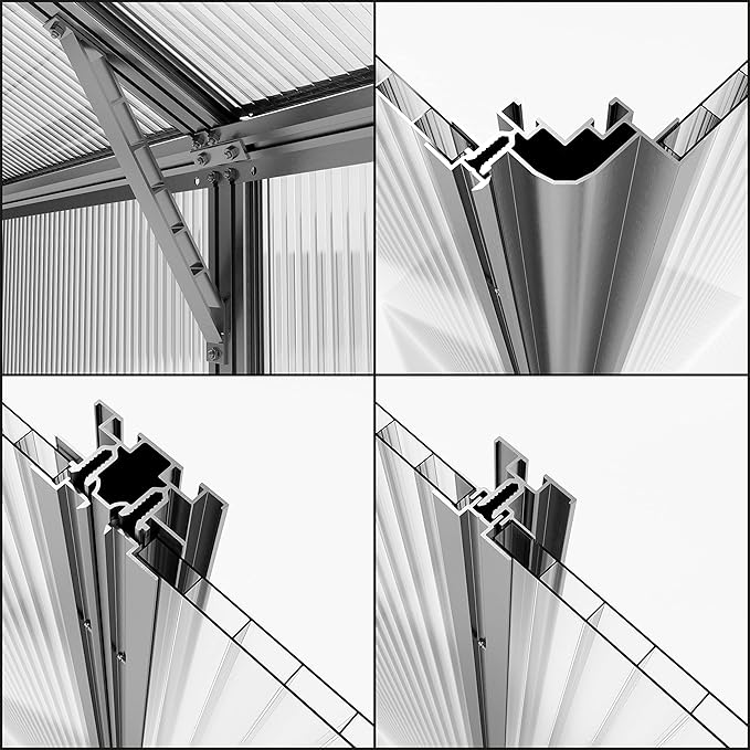 Greenhouse Saphir 4 Aluminum Frame 8.5 x 8.5 ft Approx. 8 mm Polycarbonate Panels - with Bonus Base Frame and Automatic Vent Opener