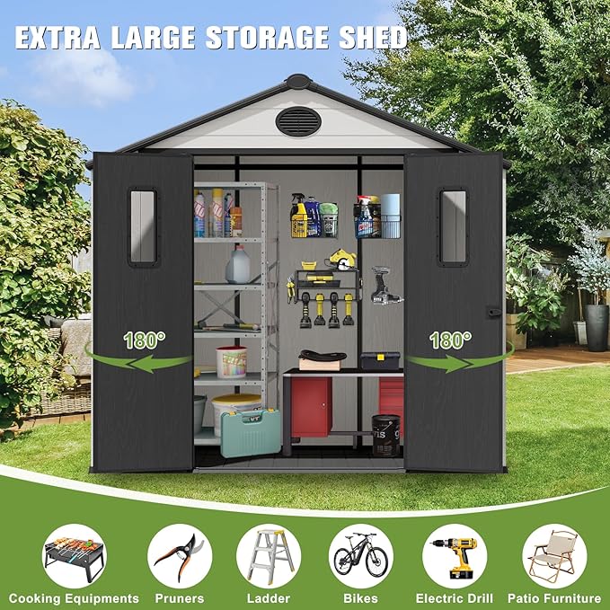 COOS BAY Resin Outdoor Storage Shed with Lockable Double Doors, Heavy-Duty Floor, All-Weather Garden Shed for Tools & Equipment, 8x8 ft, White/Gray
