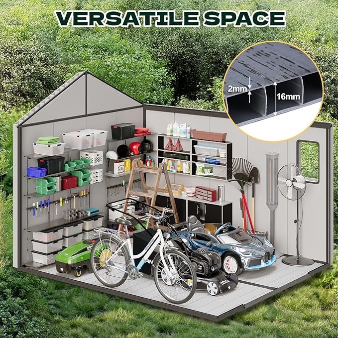 MELLCOM 8 x 10 FT Resin Garden Storage Shed with Floor, Outdoor Storage Shed with Windows and Lockable Door, Resin Tool Shed for Bike, Pool Supply, Lawnmower