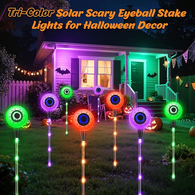 Set of 6 Halloween Decorations Outdoor Solar Eyeball Lights, 8 Modes Orange Purple and Green Scary Eyeballs Light, Waterproof Halloween Pathway Lights for Yard Garden Lawn Party Decor, Gifts