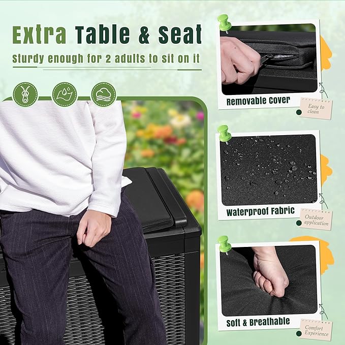 Greesum 100 Gallon Resin Deck Box Large Outdoor Storage with Cushions for Patio Furniture, Garden Tools, Pool Supplies, Weatherproof and UV Resistant, Lockable, Black