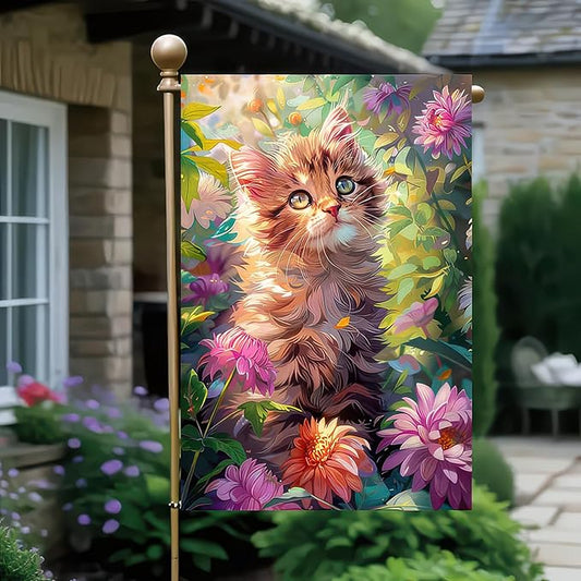 Spring Garden Flag 12x18 Inch Floral Kitten Outdoor Banner Double Sided Cat Yard Flag with Colorful Flowers for Porch Lawn Welcome Spring Summer Decor