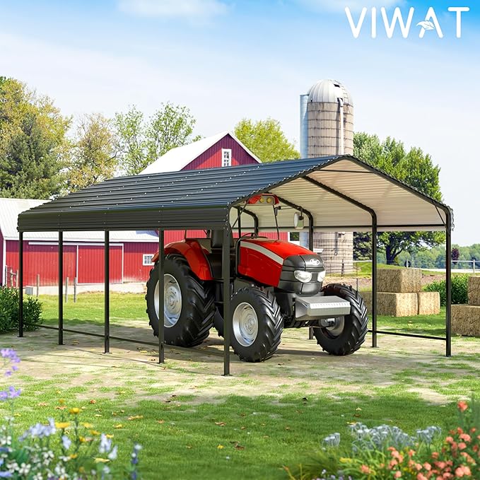 Carport 12x20 FT Metal Carport with Enhanced Base Outdoor Heavy Duty Garage Galvanized Car Shelter for Pickup, Boat, Car and Tractors